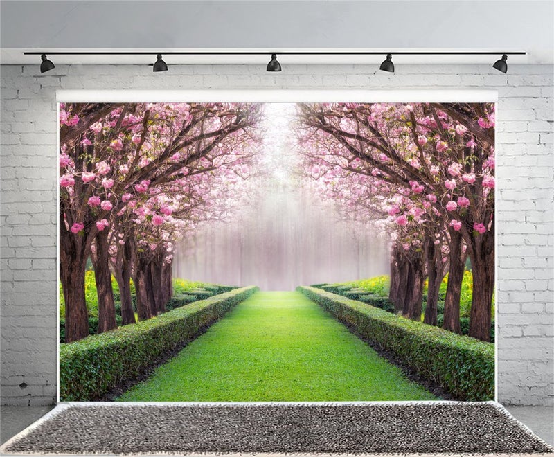 Leowefowa Vinyl 10x8ft Spring Backdrop Valentine's Day Cherry Blossom Green Grass Meadow Plants Countyard Nature Outdoor Wedding Photography Background Girls Lover Photo Studio Props - Image 3